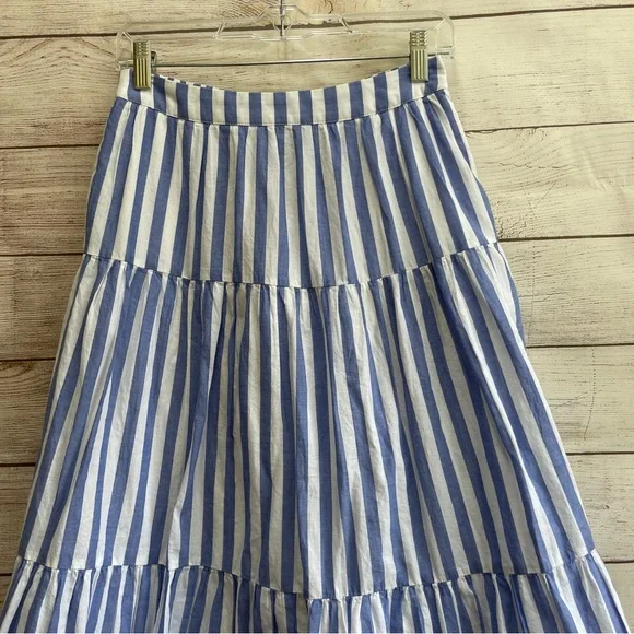 J CREW FULL TIERED FULL MIDI SKIRT IN BLUE AND WHITE STRIPES‎ - Picture 2 of 6